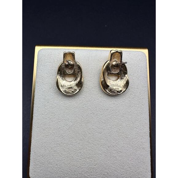 VINTAGE TRIFARI EARRINGS ENAMEL LOOP AQUA BLUE POST BACKING GOLD TONE - MARKED - Picture 3 of 3